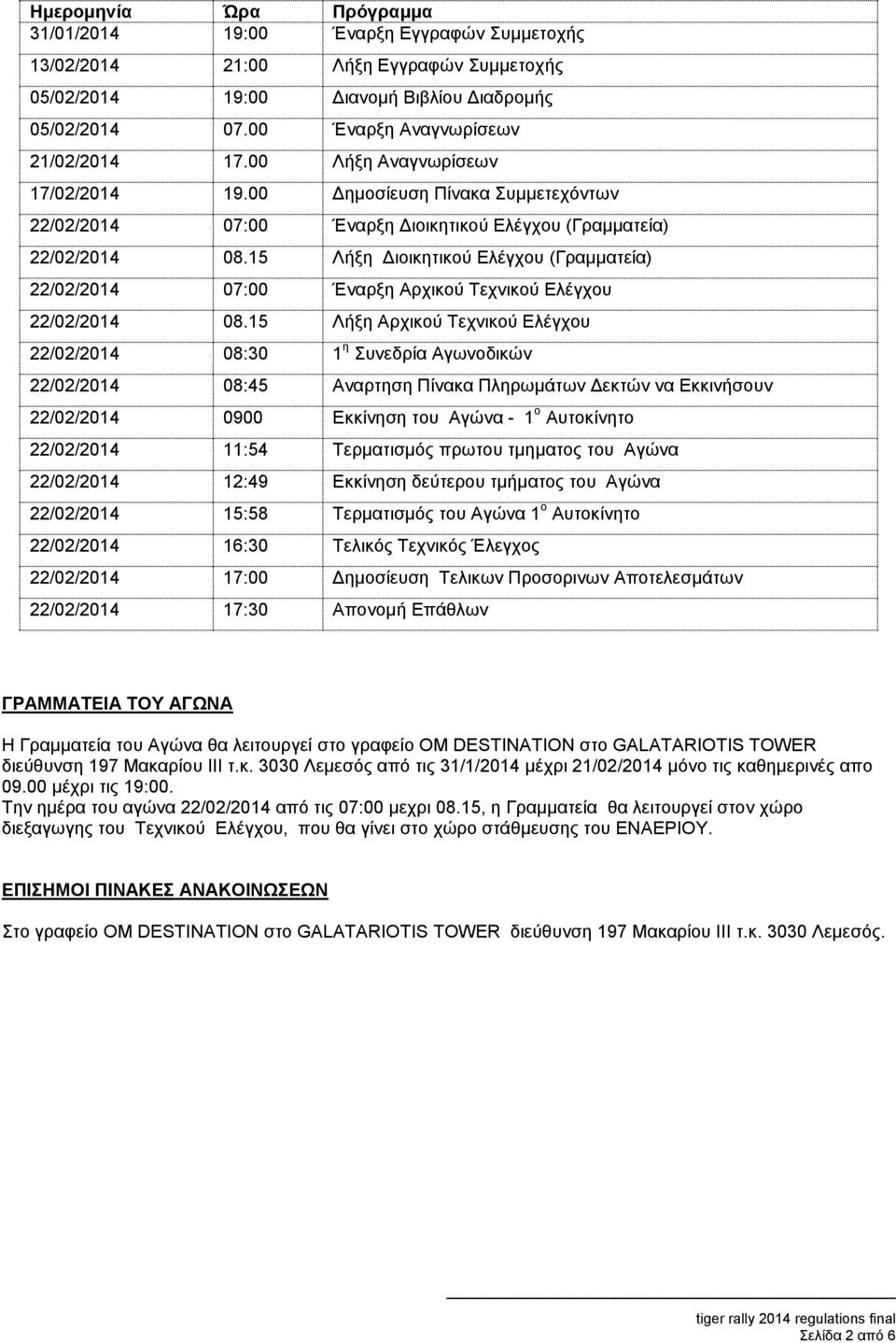 15 Λήξη Διοικητικού Ελέγχου (Γραμματεία) 22/02/2014 07:00 Έναρξη Αρχικού Τεχνικού Ελέγχου 22/02/2014 08.