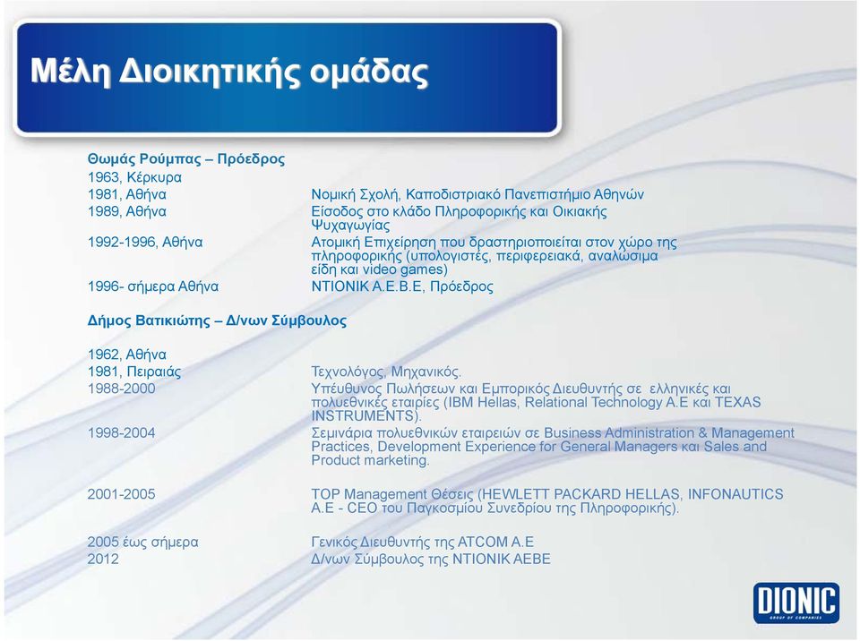 Ε, Πρόεδρος Δήμος Βατικιώτης Δ/νων Σύμβουλος 1962, Αθήνα 1981, Πειραιάς Τεχνολόγος, Μηχανικός.