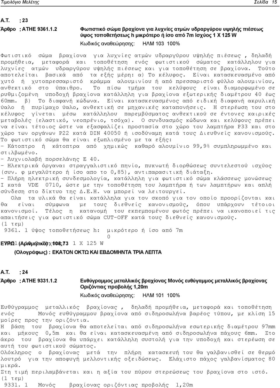 1.2 Φωτιστικό σώμα βραχίονα για λυχνίες ατμών υδραργύρου υψηλής πιέσεως ύψος τοποθετήσεως h μικρότερο ή ίσο από 7m Ισχύος 1 Χ 125 W Κωδικός αναθεώρησης: ΗΛΜ 103 100% Φωτιστικό σώμα βραχίονα για