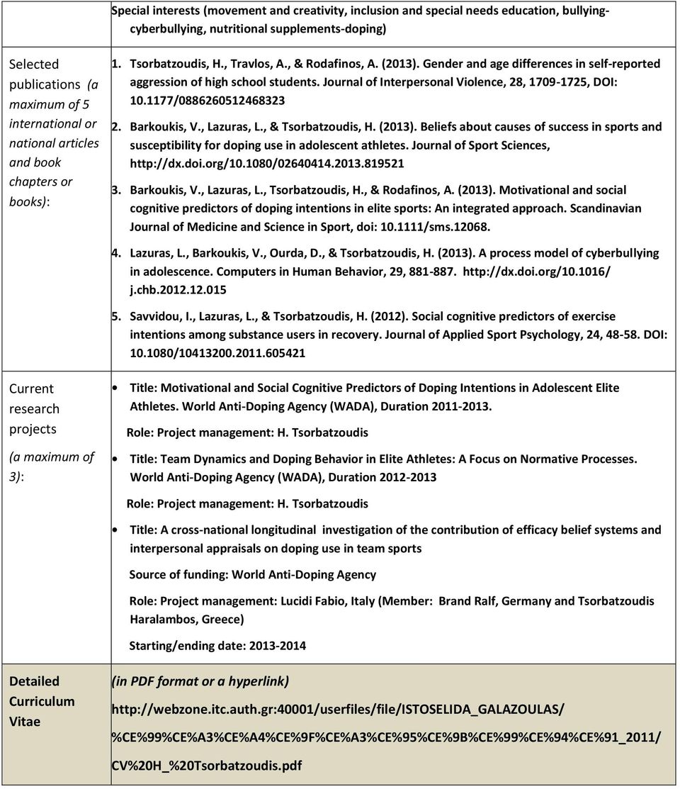 Journal of Interpersonal Violence, 28, 1709-1725, DOI: 10.1177/0886260512468323 2. Barkoukis, V., Lazuras, L., & Tsorbatzoudis, H. (2013).