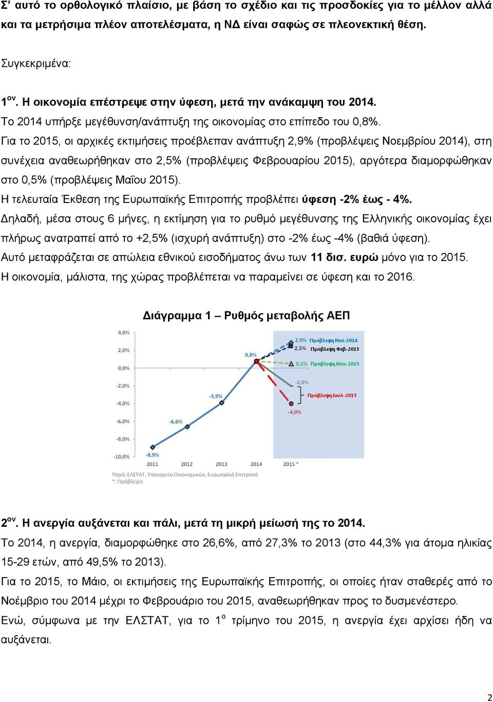 Για το 2015, οι αρχικές εκτιμήσεις προέβλεπαν ανάπτυξη 2,9% (προβλέψεις Νοεμβρίου 2014), στη συνέχεια αναθεωρήθηκαν στο 2,5% (προβλέψεις Φεβρουαρίου 2015), αργότερα διαμορφώθηκαν στο 0,5% (προβλέψεις