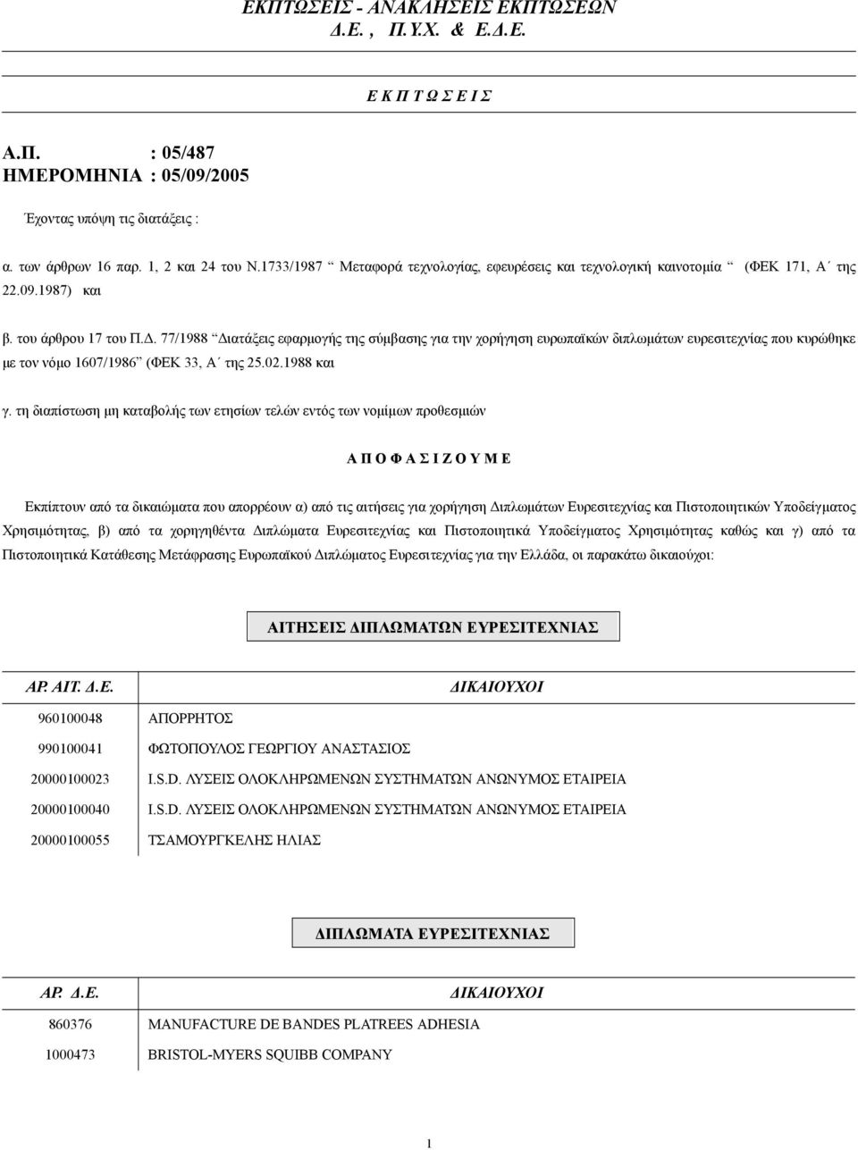 . 77/1988 ιατάξεις εφαρµογής της σύµβασης για την χορήγηση ευρωπαϊκών διπλωµάτων ευρεσιτεχνίας που κυρώθηκε µε τον νόµο 1607/1986 (ΦΕΚ 33, Α της 25.02.1988 και γ.