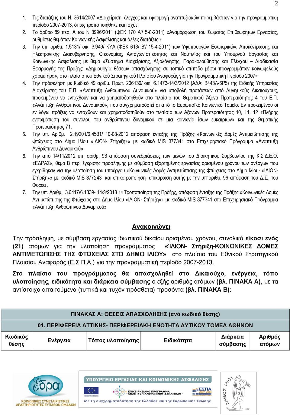 96/2011 (ΦΕΚ 170 Α / 5-8-2011) «Αναμόρφωση του Σώματος Επιθεωρητών Εργασίας, ρυθμίσεις θεμάτων Κοινωνικής Ασφάλισης και άλλες διατάξεις.» 3.