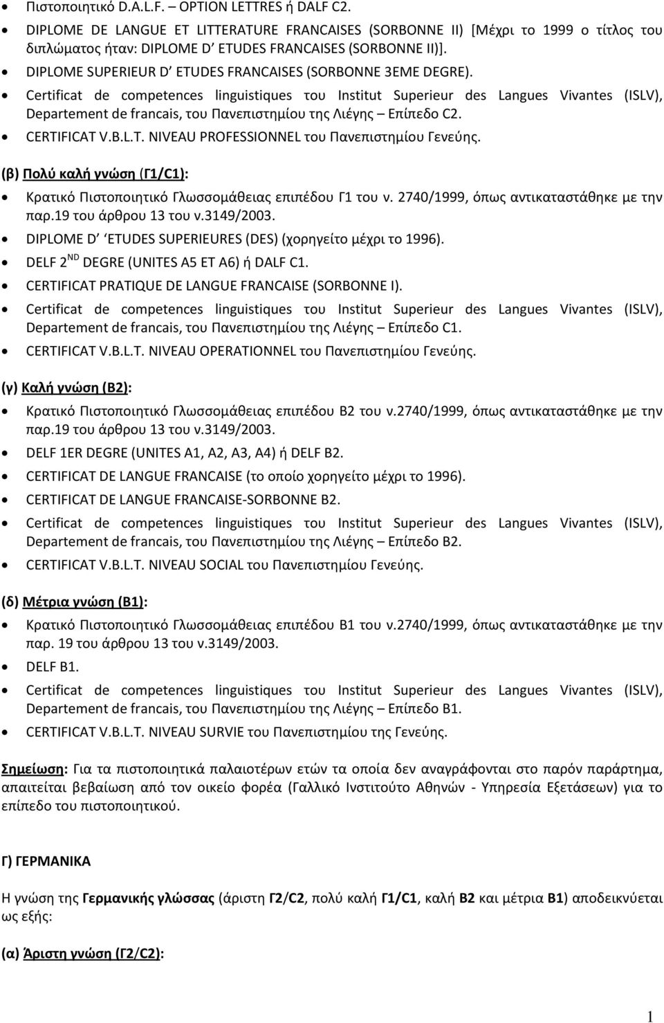 Certificat de competences linguistiques του Institut Superieur des Langues Vivantes (ISLV), Departement de francais, του Πανεπιστημίου της Λιέγης Επίπεδο C2. CERTI
