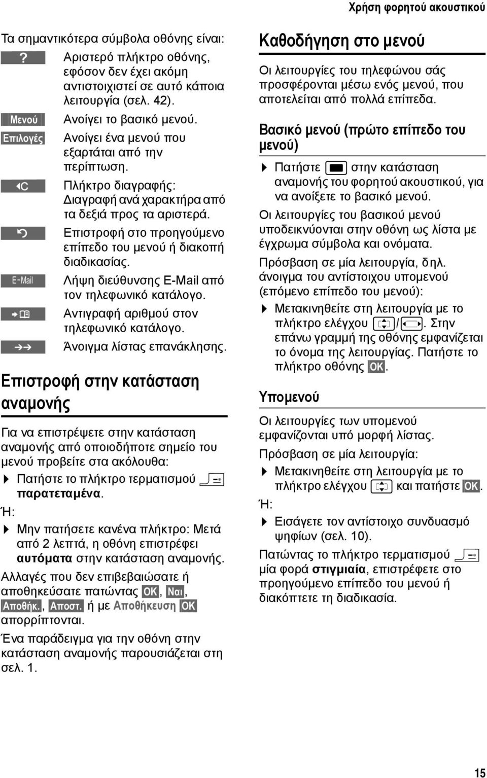 Επιστροφή στο προηγούµενο επίπεδο του µενού ή διακοπή διαδικασίας. Λήψη διεύθυνσης E-Mail από τον τηλεφωνικό κατάλογο. Ó Αντιγραφή αριθµού στον τηλεφωνικό κατάλογο. Άνοιγµα λίστας επανάκλησης.