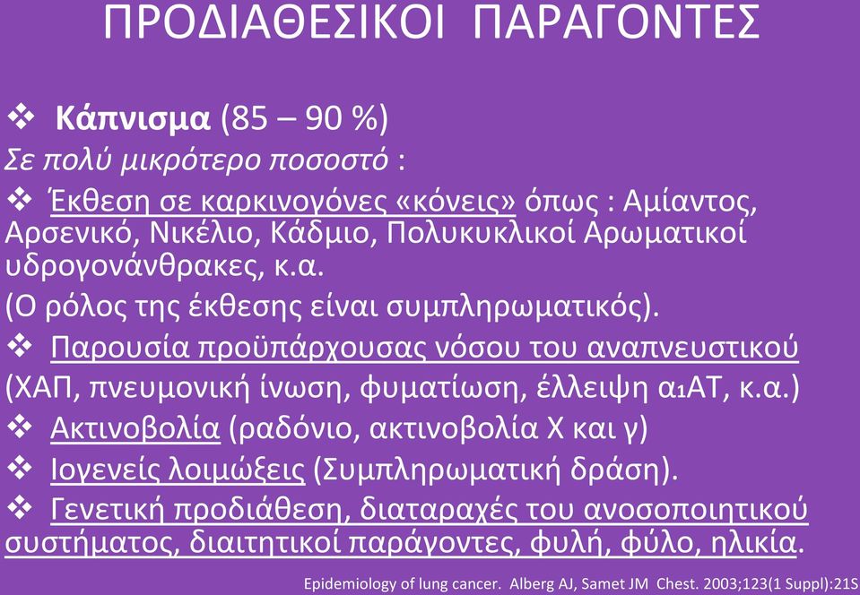 Παρουσίαπροϋπάρχουσαςνόσουτουαναπνευστικού (ΧΑΠ,πνευμονικήίνωση,φυματίωση,έλλειψηα1ΑΤ,κ.α.) Ακτινοβολία(ραδόνιο,ακτινοβολίαΧκαιγ) Ιογενείςλοιμώξεις(Συμπληρωματικήδράση).