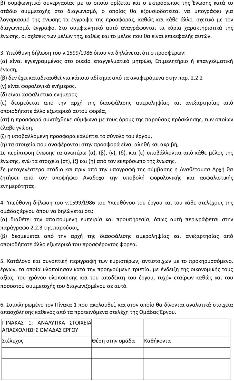 Στο συμφωνητικό αυτό αναγράφονται τα κύρια χαρακτηριστικά της ένωσης, οι σχέσεις των μελών της, καθώς και το μέλος που θα είναι επικεφαλής αυτών. 3. Υπεύθυνη δήλωση του ν.