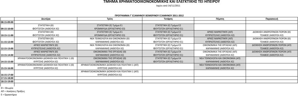 ΟΙΚΟΝΟΜΙΚΑ ΤΗΣ ΕΡΓΑΣΙΑΣ (Θ) ΟΙΚΟΝΟΜΙΚΑ ΤΗΣ ΕΡΓΑΣΙΑΣ (Θ) 1 (ΑΠ) 1 (ΑΠ) ΣΤΑΤΙΣΤΙΚΗ (Ε) Τμήμα Ε2 ΣΤΑΤΙΣΤΙΚΗ (Ε) Τμήμα Ε2 ΣΤΑΤΙΣΤΙΚΗ (Ε) Τμήμα Ε3 ΣΤΑΤΙΣΤΙΚΗ (Ε) Τμήμα Ε3 ΣΤΑΤΙΣΤΙΚΗ (Ε) Τμήμα Ε4