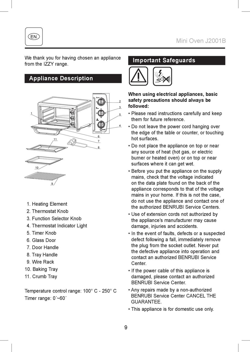 Crumb Tray Temperature control range: 100 C - 250 C Timer range: 0 ~60 2 3 5 4 When using electrical appliances, basic safety precautions should always be followed: Please read instructions carefully