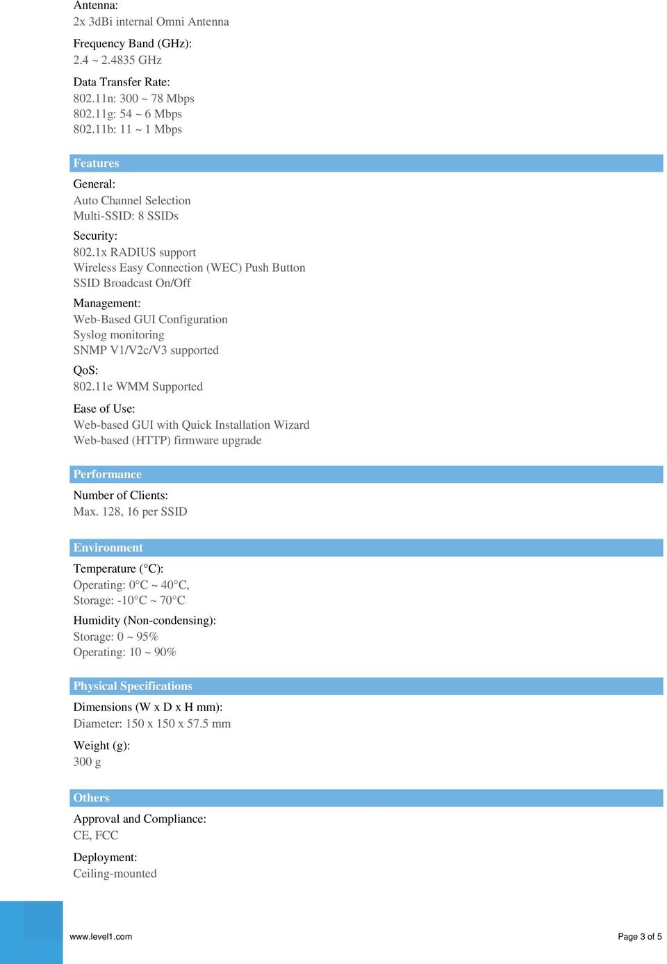 1x RADIUS support Wireless Easy Connection (WEC) Push Button SSID Broadcast On/Off Management: Web-Based GUI Configuration Syslog monitoring SNMP V1/V2c/V3 supported QoS: 802.