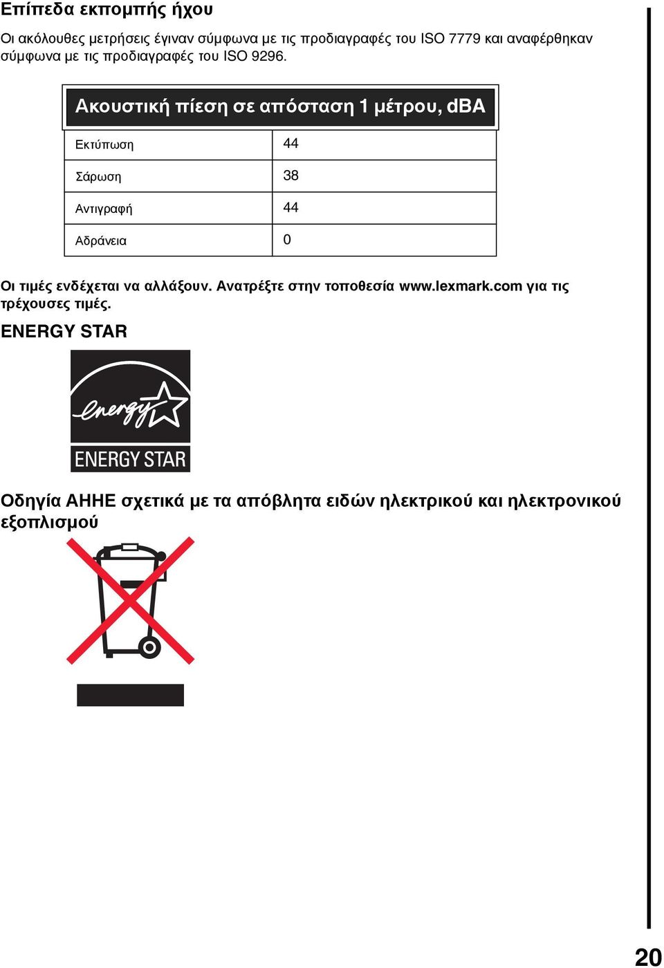 Ακουστική πίεση σε απόσταση 1 μέτρου, dba Εκτύπωση 44 Σάρωση 38 Αντιγραφή 44 Αδράνεια 0 Οι τιμές ενδέχεται