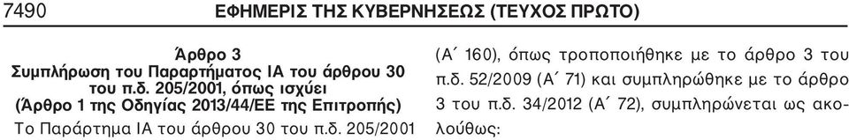 205/2001, όπως ισχύει (Άρθρο 1 της Οδηγίας 2013/44/ΕΕ της Επιτροπής) Το Παράρτημα ΙΑ του 