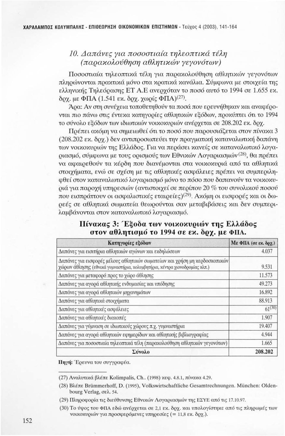 Σύμφων α με στοιχεία της ελληνικής Τηλεό ρασης ΕΤ ΑΕ ανερχόταν το ποσό αυτό το 1994 σε 1.655 εκ. δρχ. με ΦΠΑ (1.541 εκ. δρχ. χωρίς ΦΠΑ)(27).