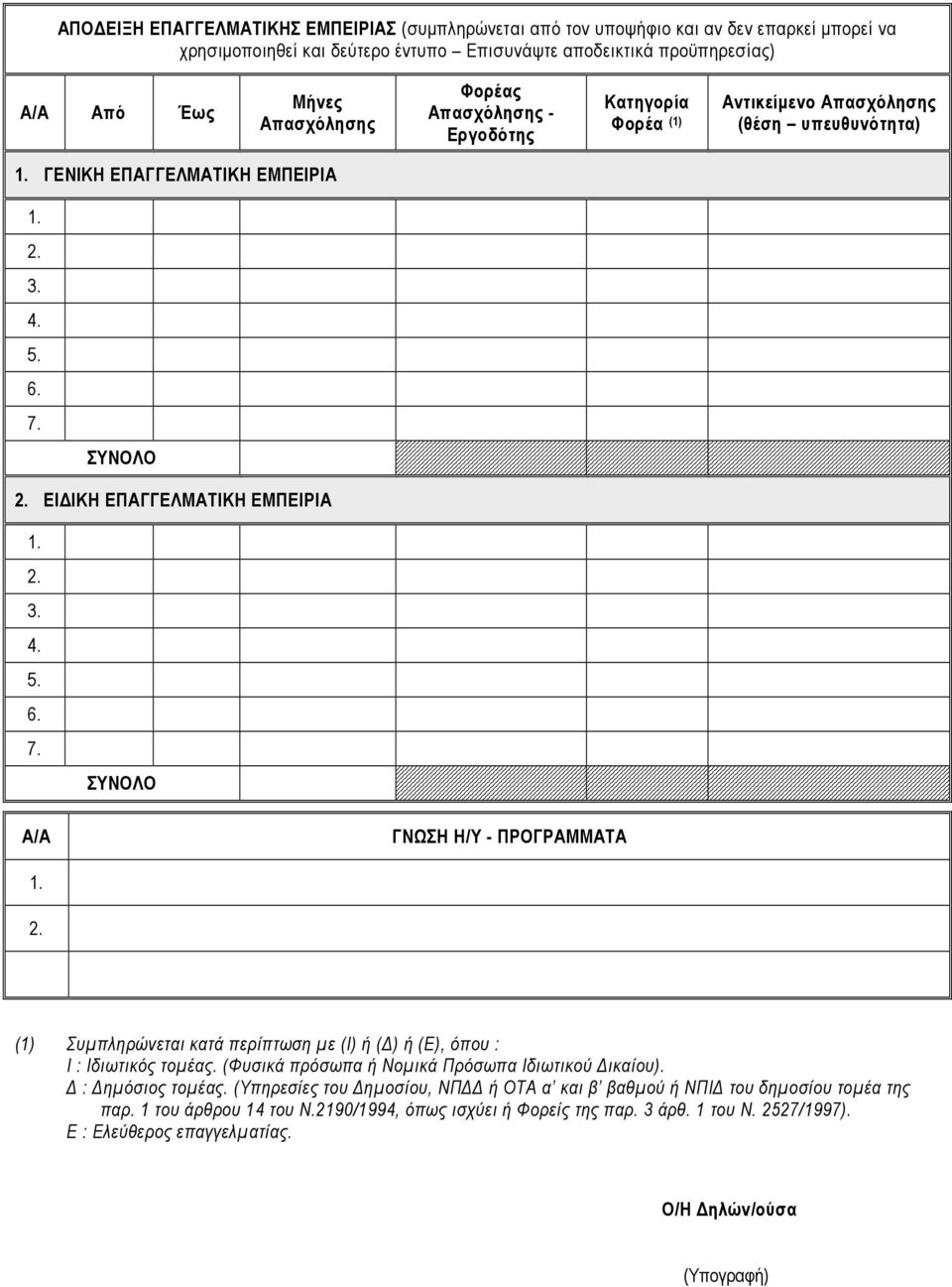 2. (1) Συµπληρώνεται κατά περίπτωση µε (Ι) ή ( ) ή (Ε), όπου : Ι : Ιδιωτικός τοµέας. (Φυσικά πρόσωπα ή Νοµικά Πρόσωπα Ιδιωτικού ικαίου). : ηµόσιος τοµέας.