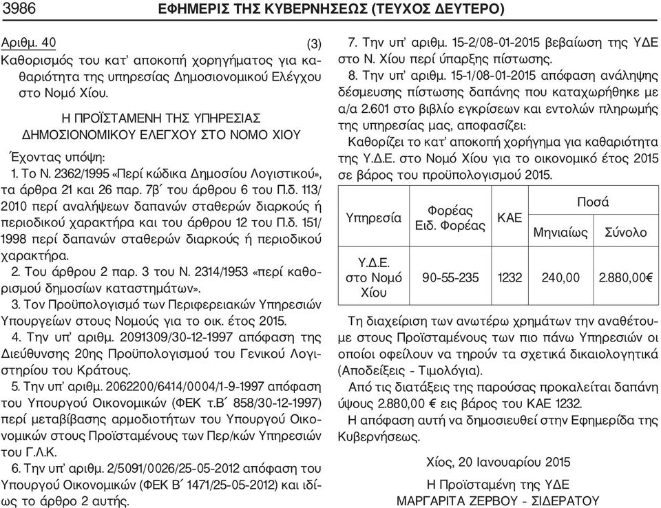 κα Δημοσίου Λογιστικού», τα άρθρα 21 και 26 παρ. 7β του άρθρου 6 του Π.δ. 113/ 2010 περί αναλήψεων δαπανών σταθερών διαρκούς ή περιοδικού χαρακτήρα και του άρθρου 12 του Π.δ. 151/ 1998 περί δαπανών σταθερών διαρκούς ή περιοδικού χαρακτήρα.