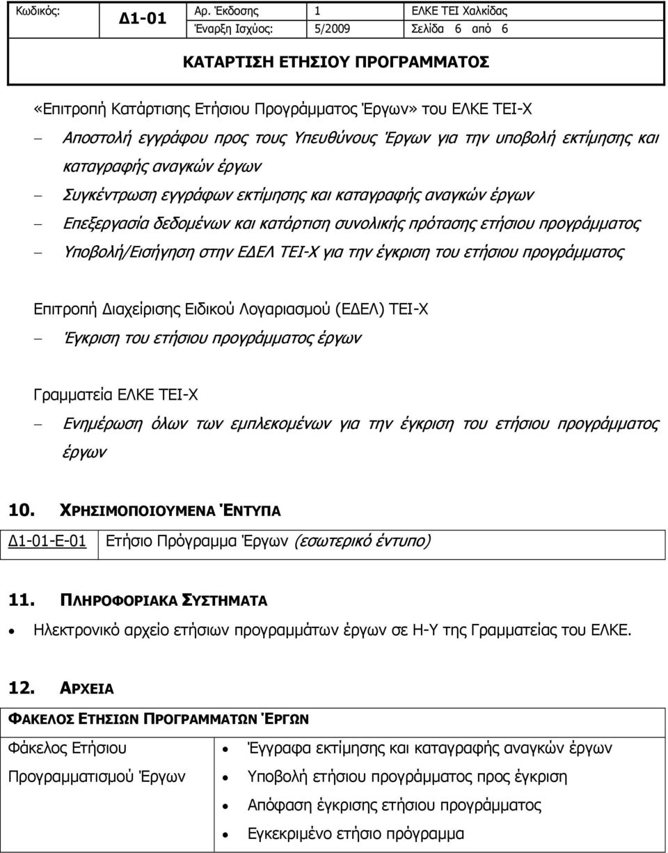 ετήσιου προγράμματος Επιτροπή Διαχείρισης Ειδικού Λογαριασμού (ΕΔΕΛ) ΤΕΙ-Χ Έγκριση του ετήσιου προγράμματος έργων Γραμματεία ΕΛΚΕ ΤΕΙ-Χ Ενημέρωση όλων των εμπλεκομένων για την έγκριση του ετήσιου