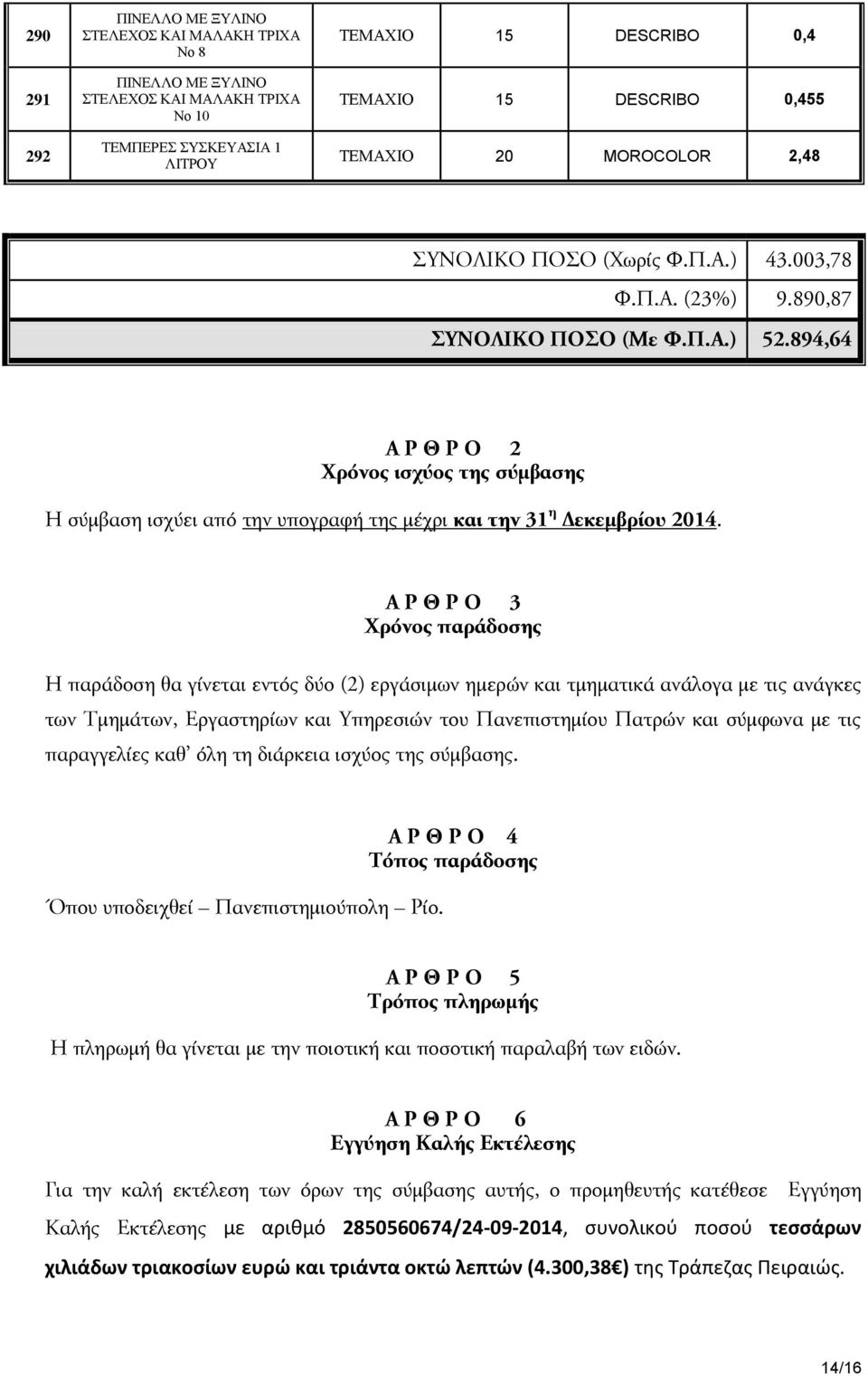 894,64 Α Ρ Θ Ρ Ο 2 Χρόνος ισχύος της σύμβασης Η σύμβαση ισχύει από την υπογραφή της μέχρι και την 31 η Δεκεμβρίου 2014.