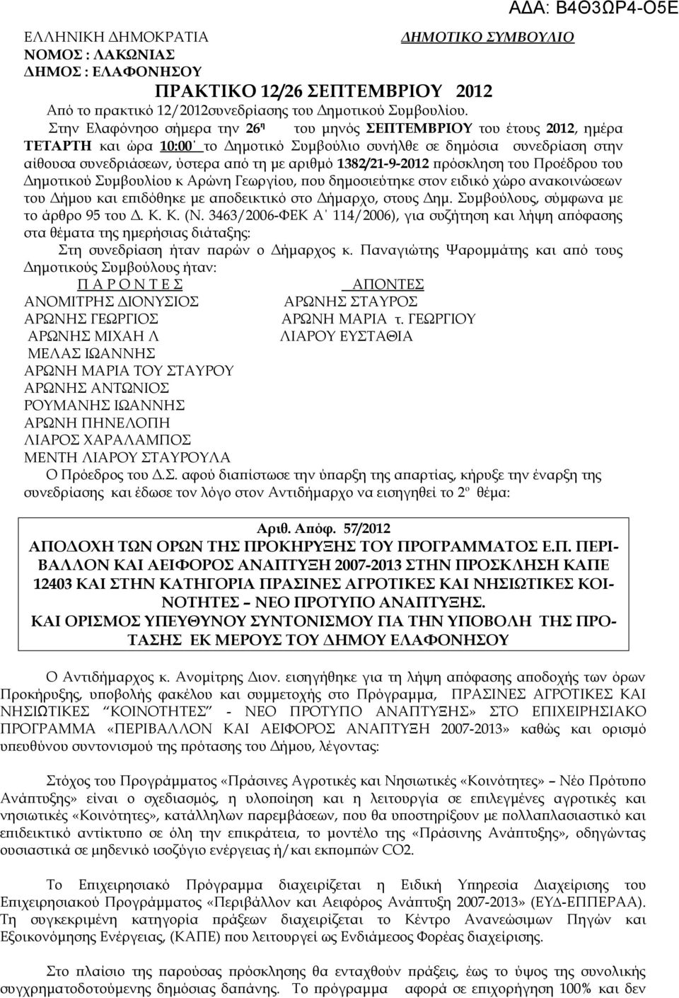 1382/21-9-2012 πρόσκληση του Προέδρου του Δημοτικού Συμβουλίου κ Αρώνη Γεωργίου, που δημοσιεύτηκε στον ειδικό χώρο ανακοινώσεων του Δήμου και επιδόθηκε με αποδεικτικό στο Δήμαρχο, στους Δημ.