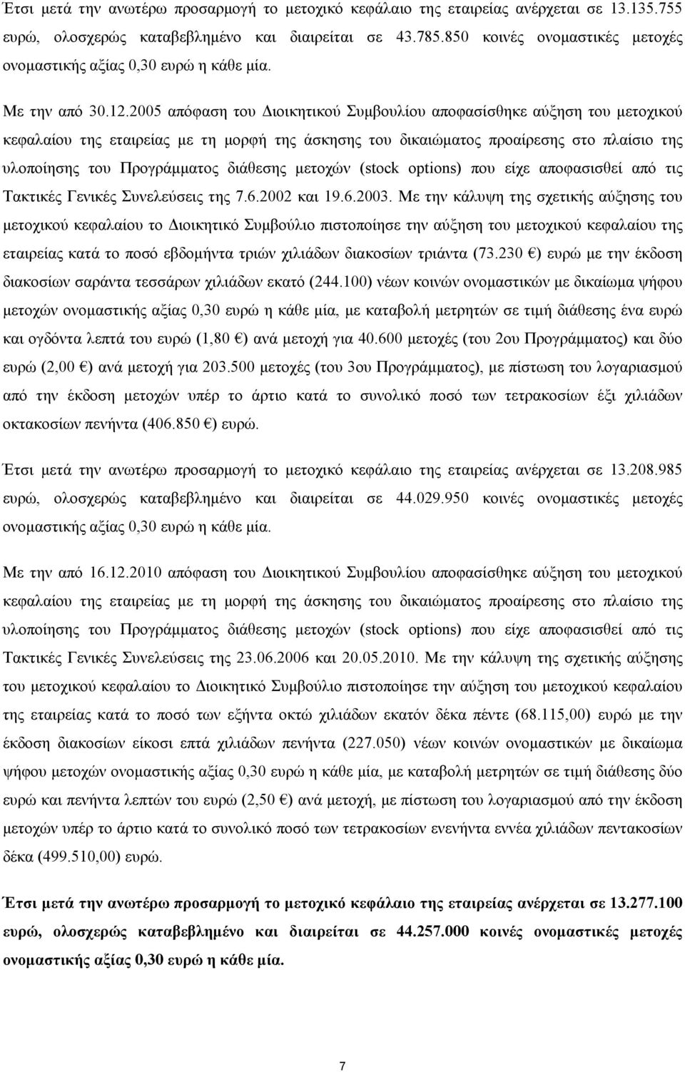 2005 απόφαση του ιοικητικού Συµβουλίου αποφασίσθηκε αύξηση του µετοχικού κεφαλαίου της εταιρείας µε τη µορφή της άσκησης του δικαιώµατος προαίρεσης στο πλαίσιο της υλοποίησης του Προγράµµατος