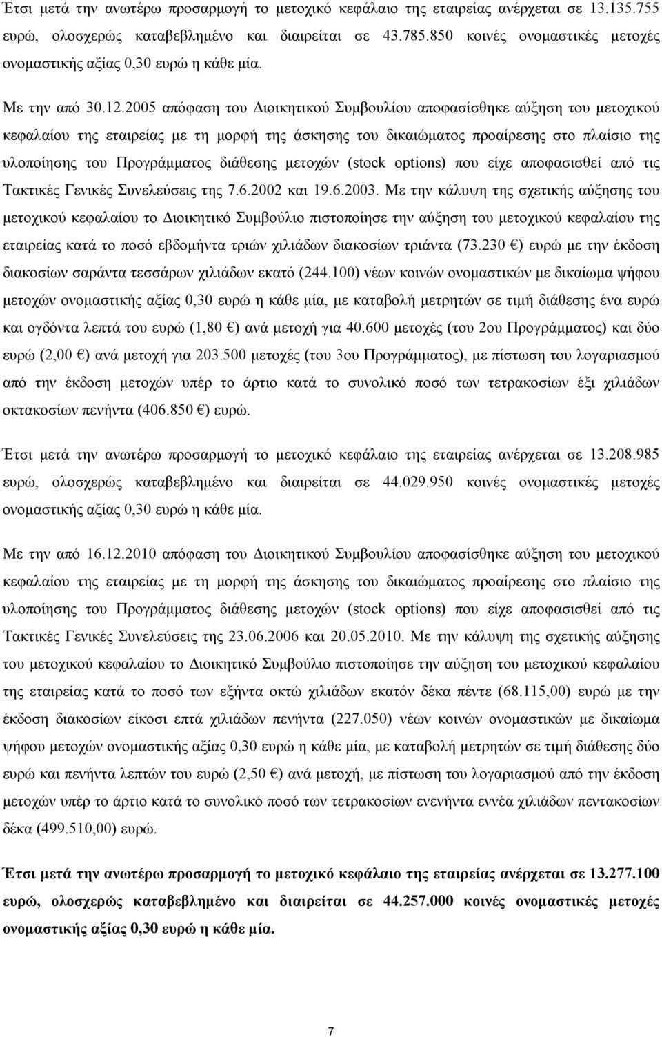 2005 απόφαση του ιοικητικού Συµβουλίου αποφασίσθηκε αύξηση του µετοχικού κεφαλαίου της εταιρείας µε τη µορφή της άσκησης του δικαιώµατος προαίρεσης στο πλαίσιο της υλοποίησης του Προγράµµατος