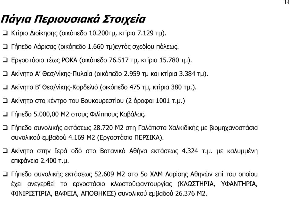 000,00 Μ2 στους Φιλίππους Καβάλας. Γήπεδο συνολικής εκτάσεως 28.720 Μ2 στη Γαλάτιστα Χαλκιδικής µε βιοµηχανοστάσια συνολικού εµβαδού 4.169 Μ2 (Εργοστάσιο ΠΕΡΣΙΚΑ).