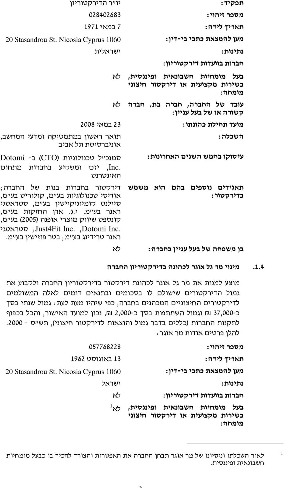 2008 מועד תחילת כהונתו : השכלה: עיסוקו בחמש השנים האחרונות: תאגידים נוספים בהם הוא משמש כדירקטור: בן משפחה של בעל עניין בחברה : תואר ראשון במתמטיקה ומדעי המחשב, אוניברסיטת תל אביב סמנכ"ל טכנולוגיות