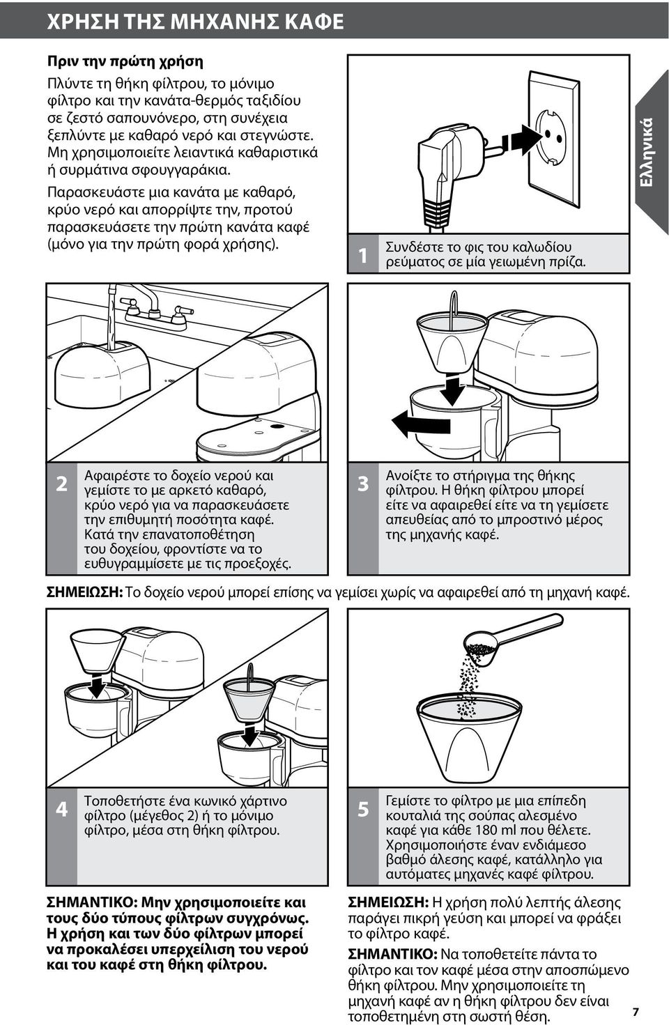 Παρασκευάστε μια κανάτα με καθαρό, κρύο νερό και απορρίψτε την, προτού παρασκευάσετε την πρώτη κανάτα καφέ (μόνο για την πρώτη φορά χρήσης).