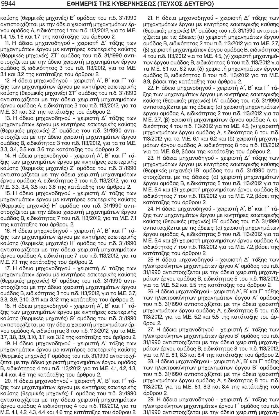 3.1 και 3.2 της 12. Η άδεια μηχανοδηγού χειριστή Α, Β και Γ τά καύσης (θερμικές μηχανές) ΣΤ ομάδας του π.δ. 31/1990 έργου ομάδας Α, ειδικότητας 3 του π.δ. 113/2012, για τα Μ.Ε. 3.1 και 3.2 της 13.