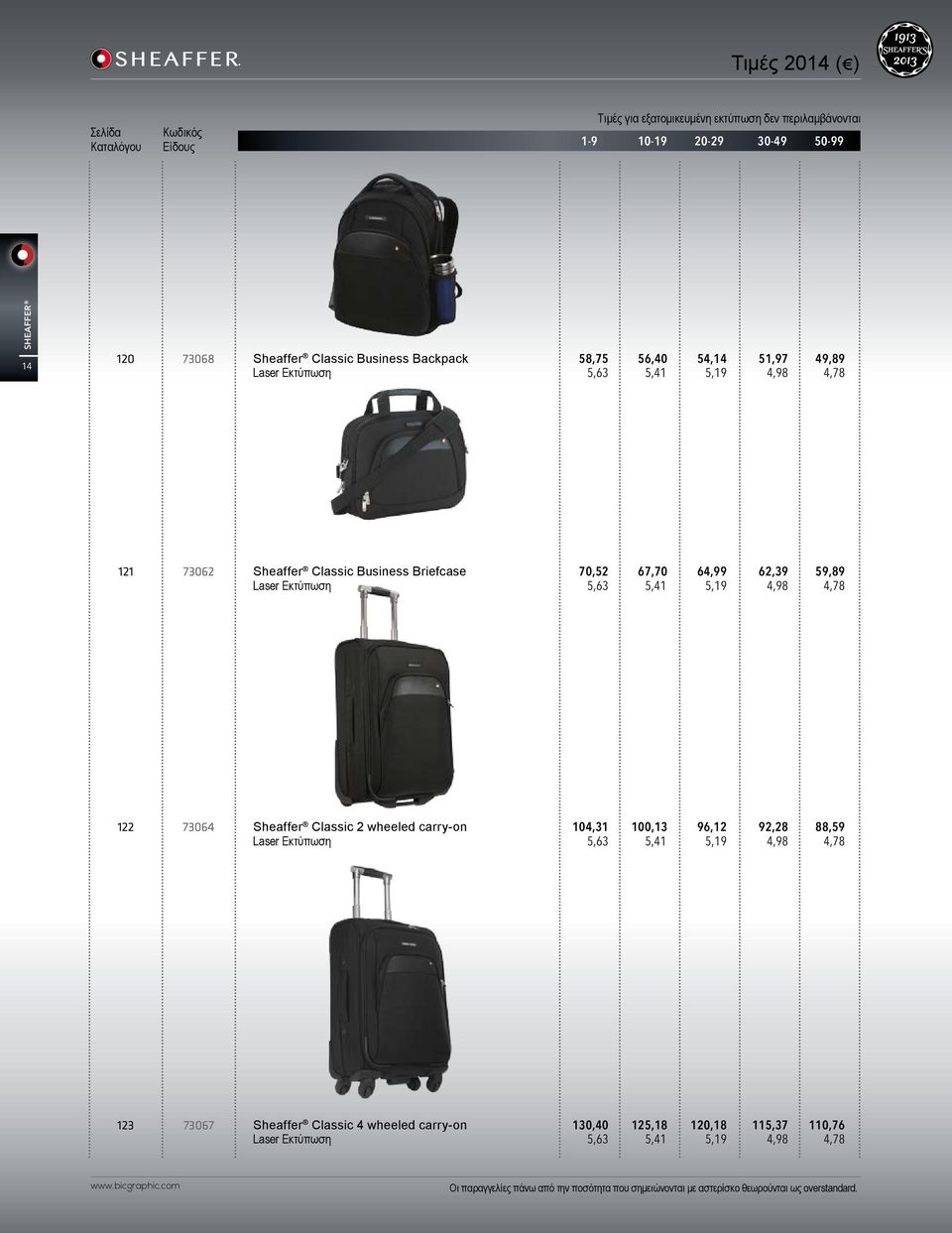 67,70 64,99 62,39 59,89 5,63 5,41 5,19 4,98 4,78 122 73064 Sheaffer Classic 2 wheeled carry-on Laser Εκτύπωση 104,31 100,13 96,12 92,28