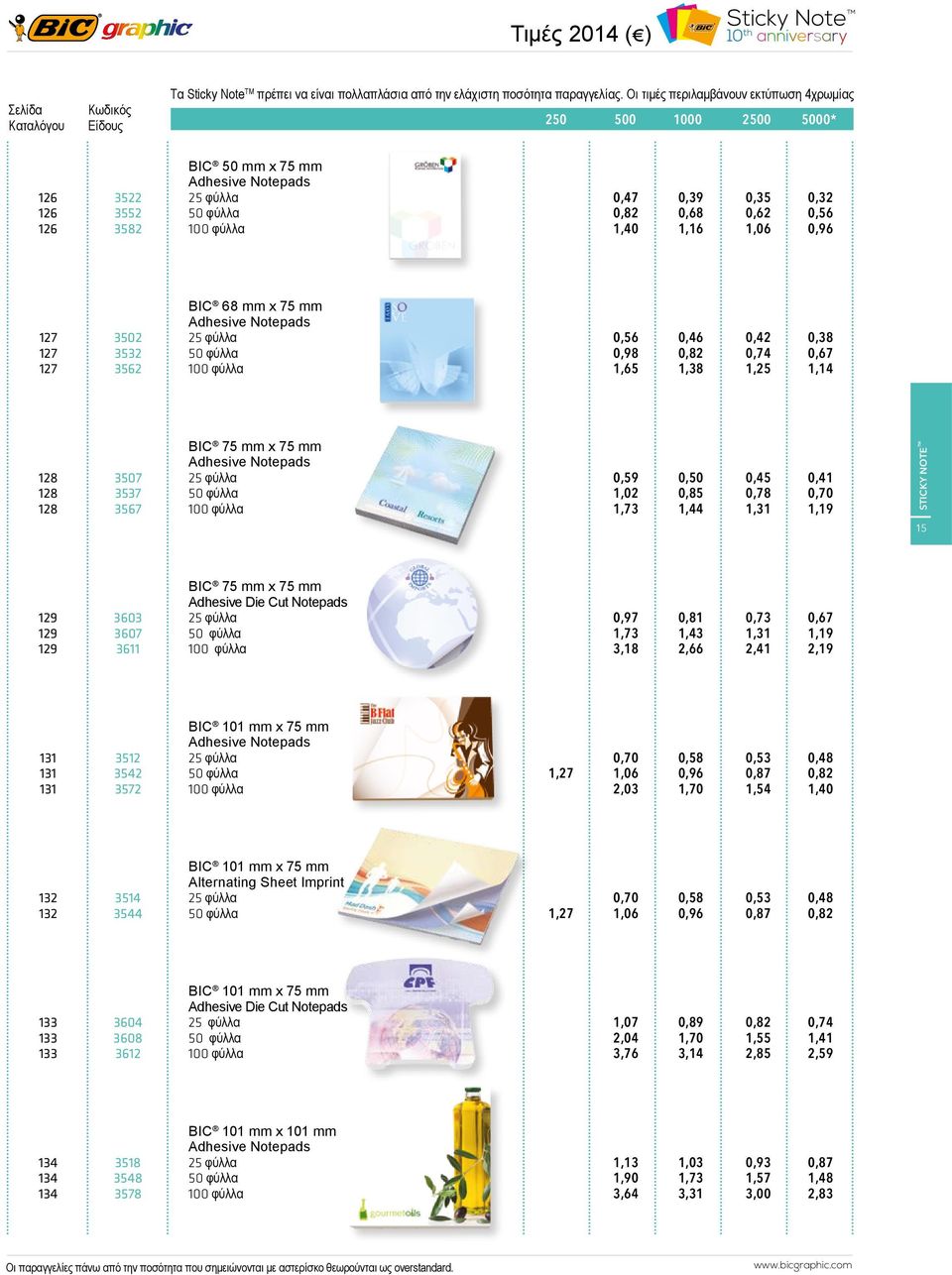 127 127 127 3502 3532 3562 BIC 68 mm x 75 mm Adhesive Notepads 100 φύλλα 0,56 0,46 0,42 0,38 0,98 0,82 0,74 0,67 1,65 1,38 1,25 1,14 128 128 128 3507 3537 3567 BIC 75 mm x 75 mm Adhesive Notepads 100