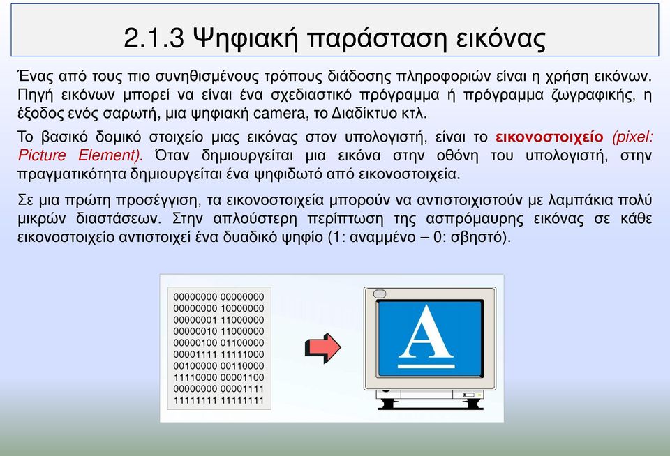 Το βασικό δομικό στοιχείο μιας εικόνας στον υπολογιστή, είναι το εικονοστοιχείο (pixel: Picture Element).