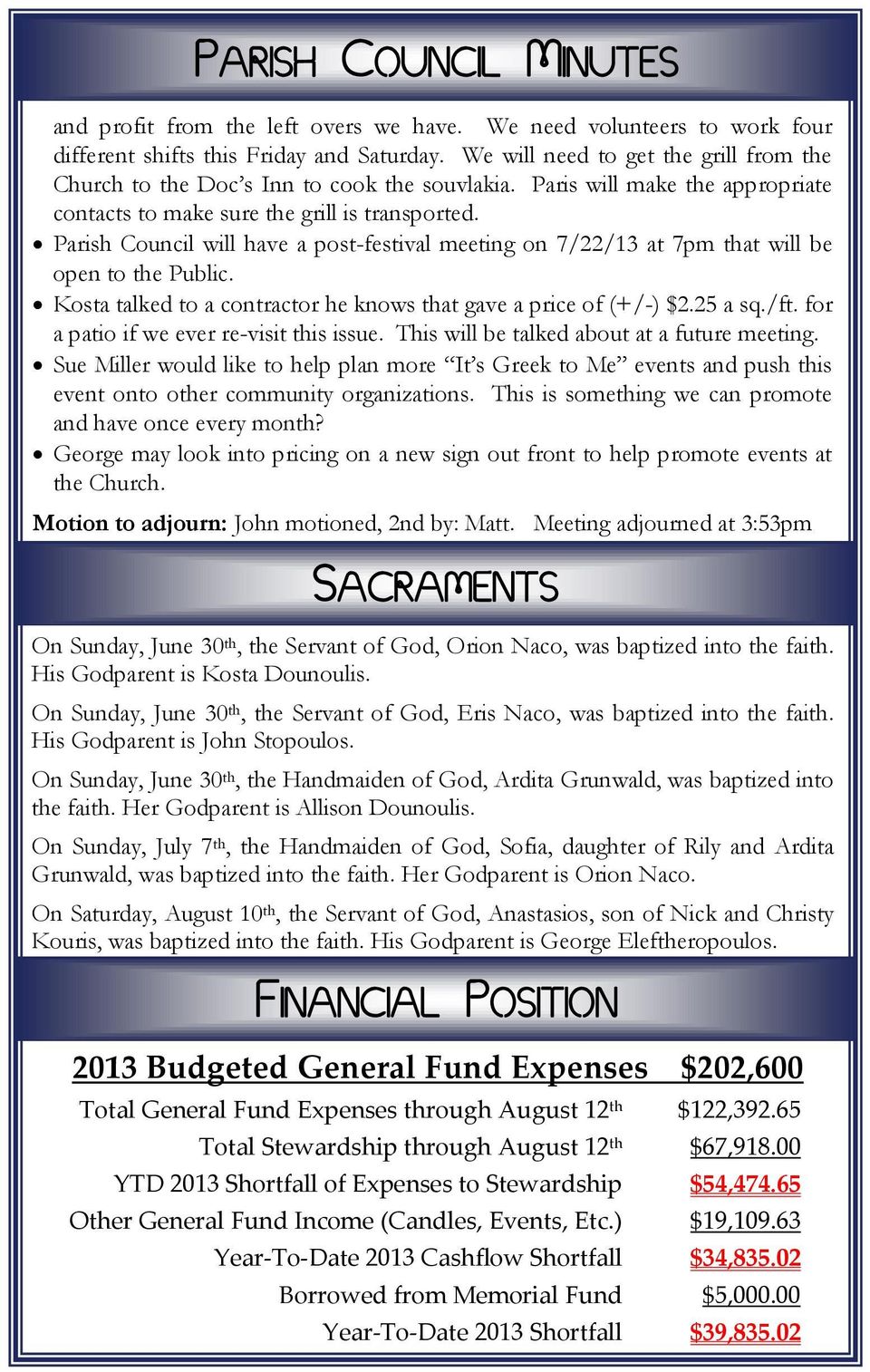 Parish Council will have a post-festival meeting on 7/22/13 at 7pm that will be open to the Public. Kosta talked to a contractor he knows that gave a price of (+/-) $2.25 a sq./ft.