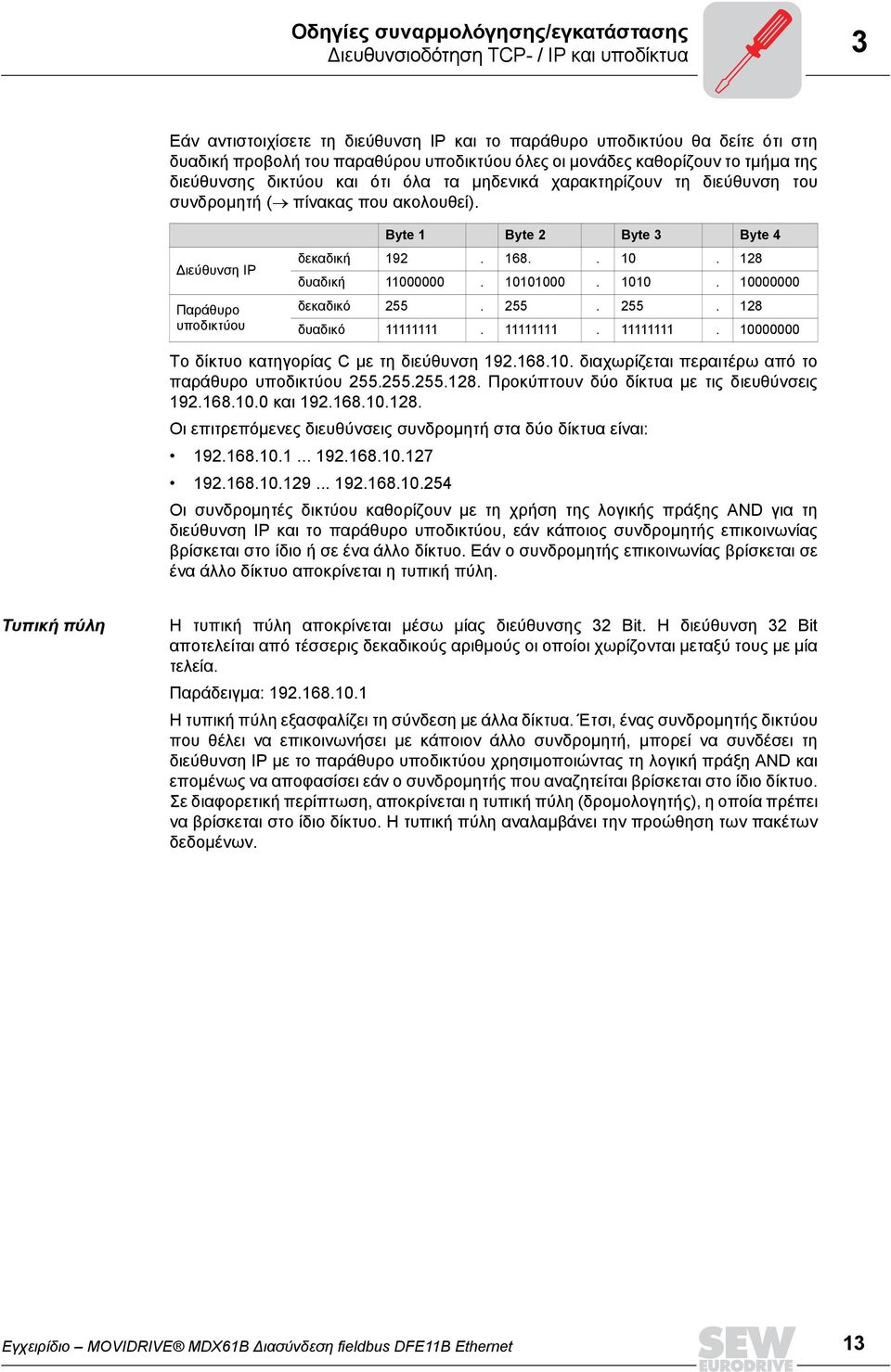 ιεύθυνση IP Παράθυρο υποδικτύου Byte 1 Byte 2 Byte 3 Byte 4 δεκαδική 192. 168.. 10. 128 δυαδική 11000000. 10101000. 1010. 10000000 δεκαδικό 255. 255. 255. 128 δυαδικό 11111111.