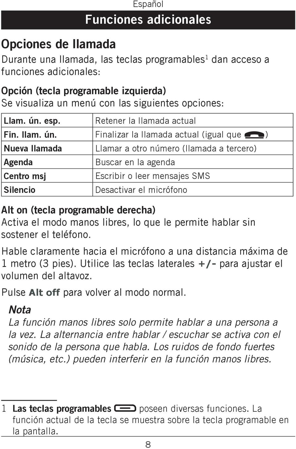 esp. Retener la llamada actual Fin. llam. ún.