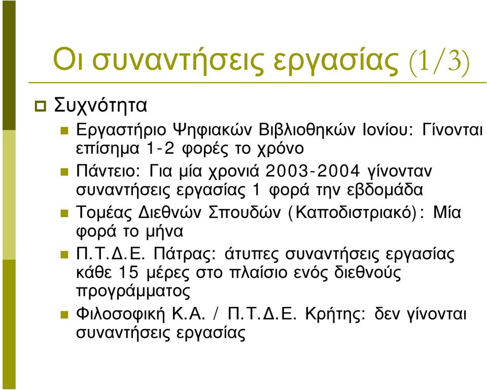 Διεθνών Σπουδών (Καποδιστριακό): Μία φορά το μήνα Π.Τ.Δ.Ε.