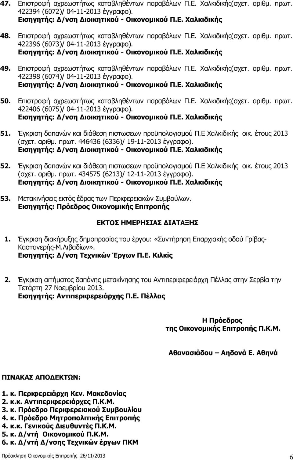 51. Έγκριση δαπανών και διάθεση πιστωσεων προϋπολογισμού Π.Ε Χαλκιδικής οικ. έτους 2013 (σχετ. αριθμ. πρωτ. 446436 (6336)/ 19-11-2013 έγγραφο). 52.