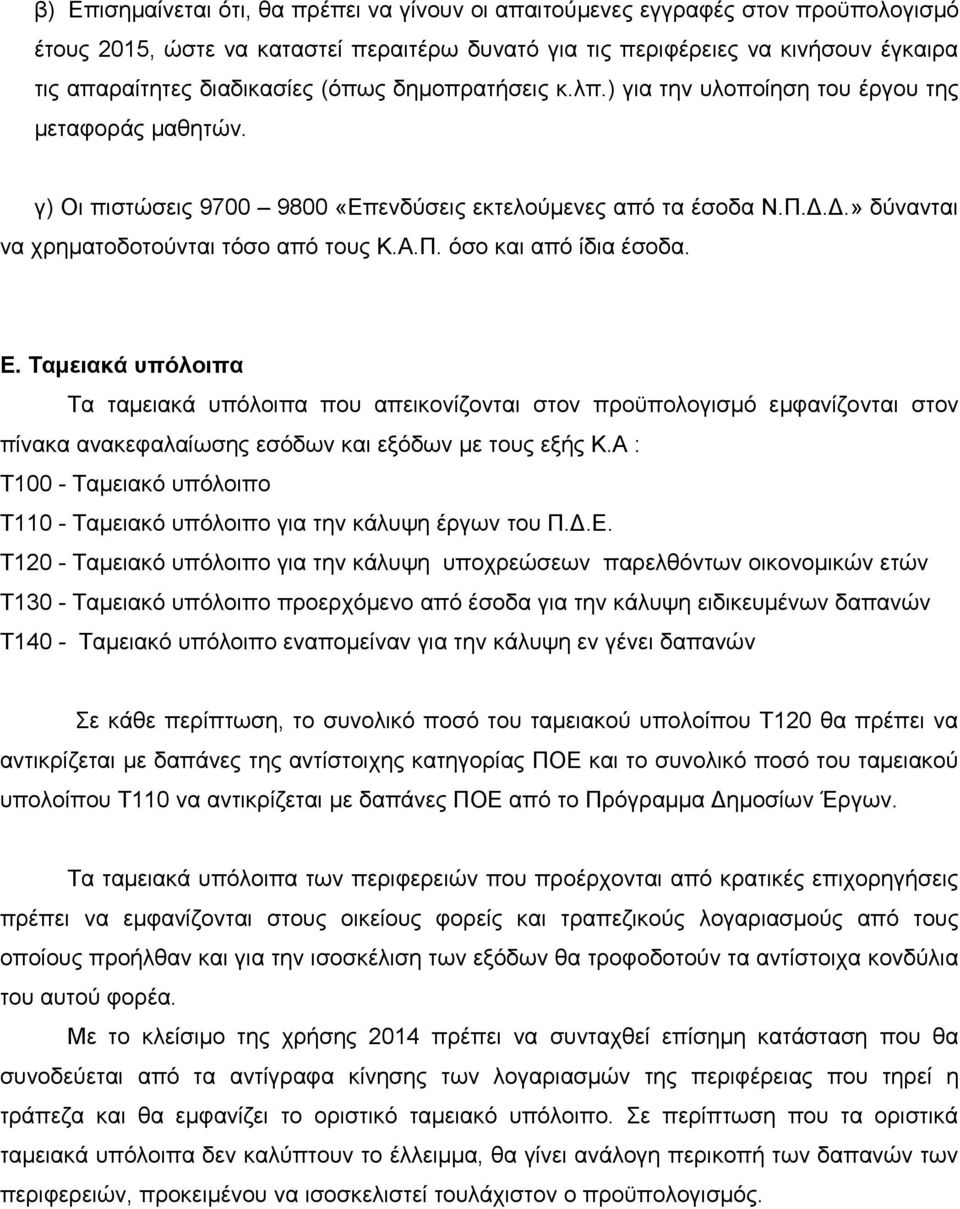 Π. όσο και από ίδια έσοδα. Ε. Ταμειακά υπόλοιπα Τα ταμειακά υπόλοιπα που απεικονίζονται στον προϋπολογισμό εμφανίζονται στον πίνακα ανακεφαλαίωσης εσόδων και εξόδων με τους εξής Κ.