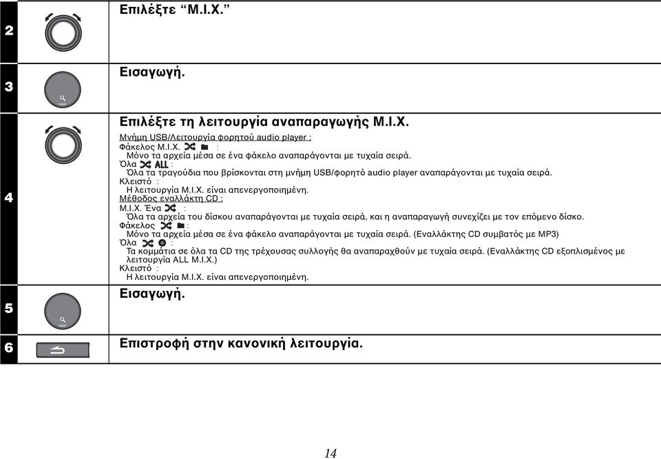 είναι απενεργοποιημένη. Μέθοδος εναλλάκτη CD : M.I.X. Ένα : Όλα τα αρχεία του δίσκου αναπαράγονται με τυχαία σειρά, και η αναπαραγωγή συνεχίζει με τον επόμενο δίσκο.