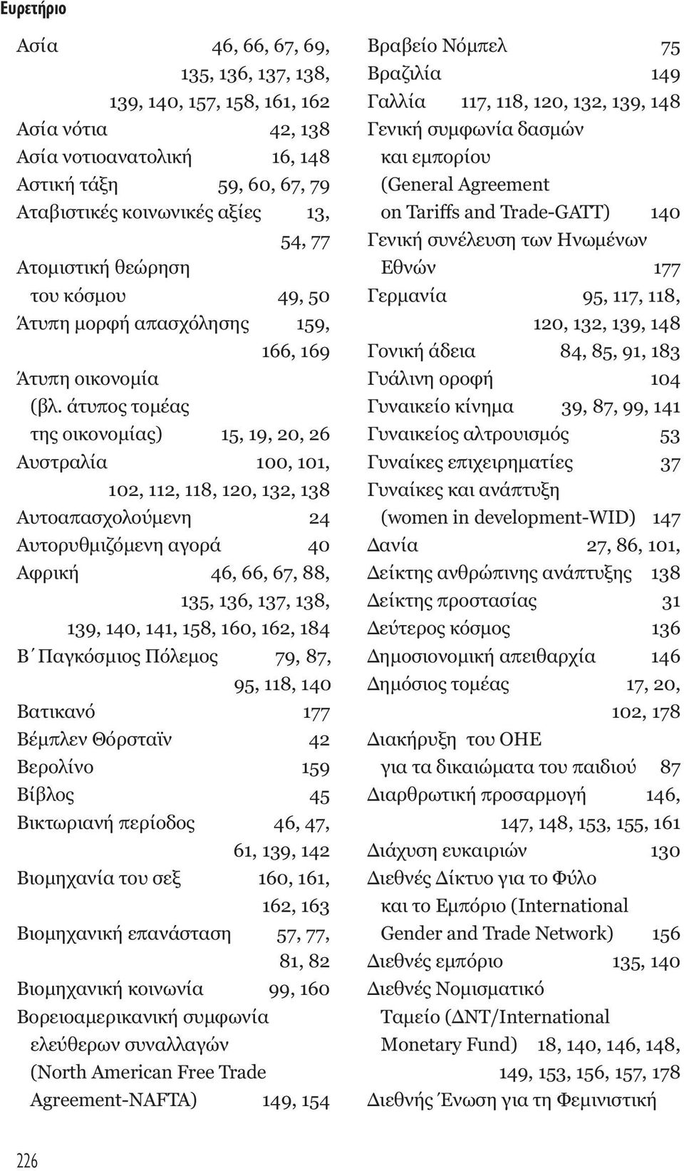 άτυπος τοµέας της οικονοµίας) 15, 19, 20, 26 Αυστραλία 100, 101, 102, 112, 118, 120, 132, 138 Αυτοαπασχολούµενη 24 Αυτορυθµιζόµενη αγορά 40 Αφρική 46, 66, 67, 88, 135, 136, 137, 138, 139, 140, 141,