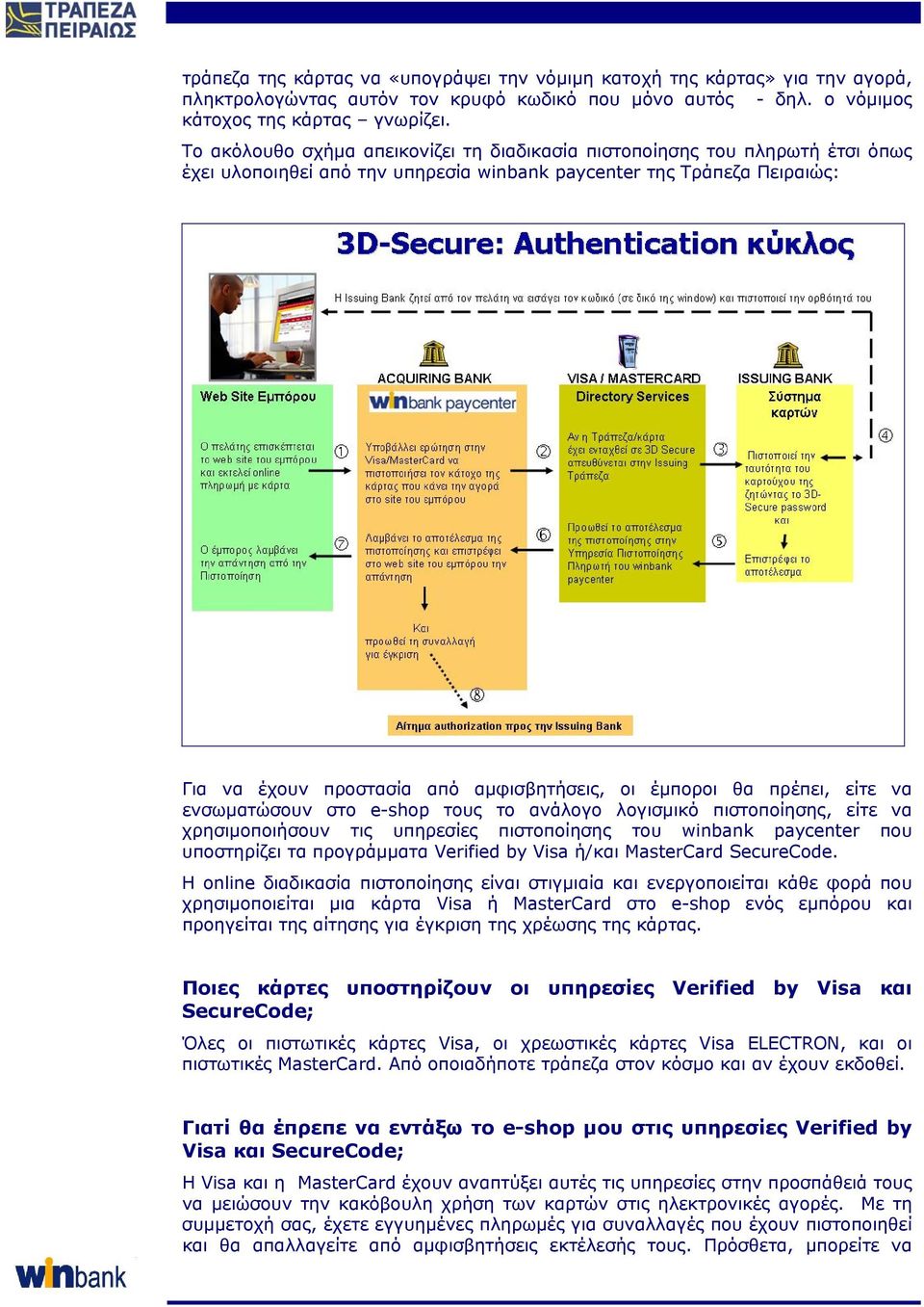 έµποροι θα πρέπει, είτε να ενσωµατώσουν στο e-shop τους το ανάλογο λογισµικό πιστοποίησης, είτε να χρησιµοποιήσουν τις υπηρεσίες πιστοποίησης του winbank paycenter που υποστηρίζει τα προγράµµατα