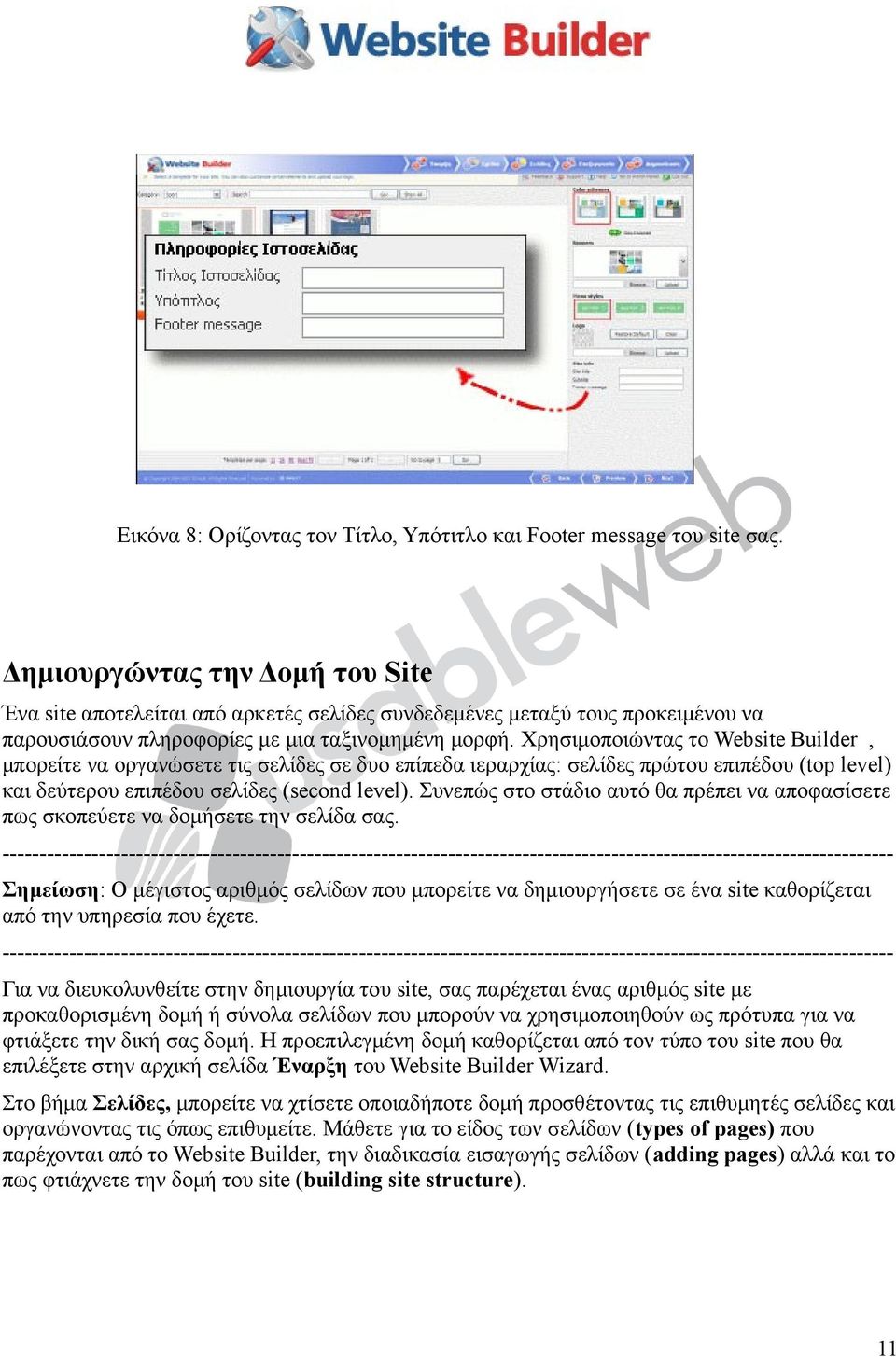 Χρησιμοποιώντας το Website Builder, μπορείτε να οργανώσετε τις σελίδες σε δυο επίπεδα ιεραρχίας: σελίδες πρώτου επιπέδου (top level) και δεύτερου επιπέδου σελίδες (second level).