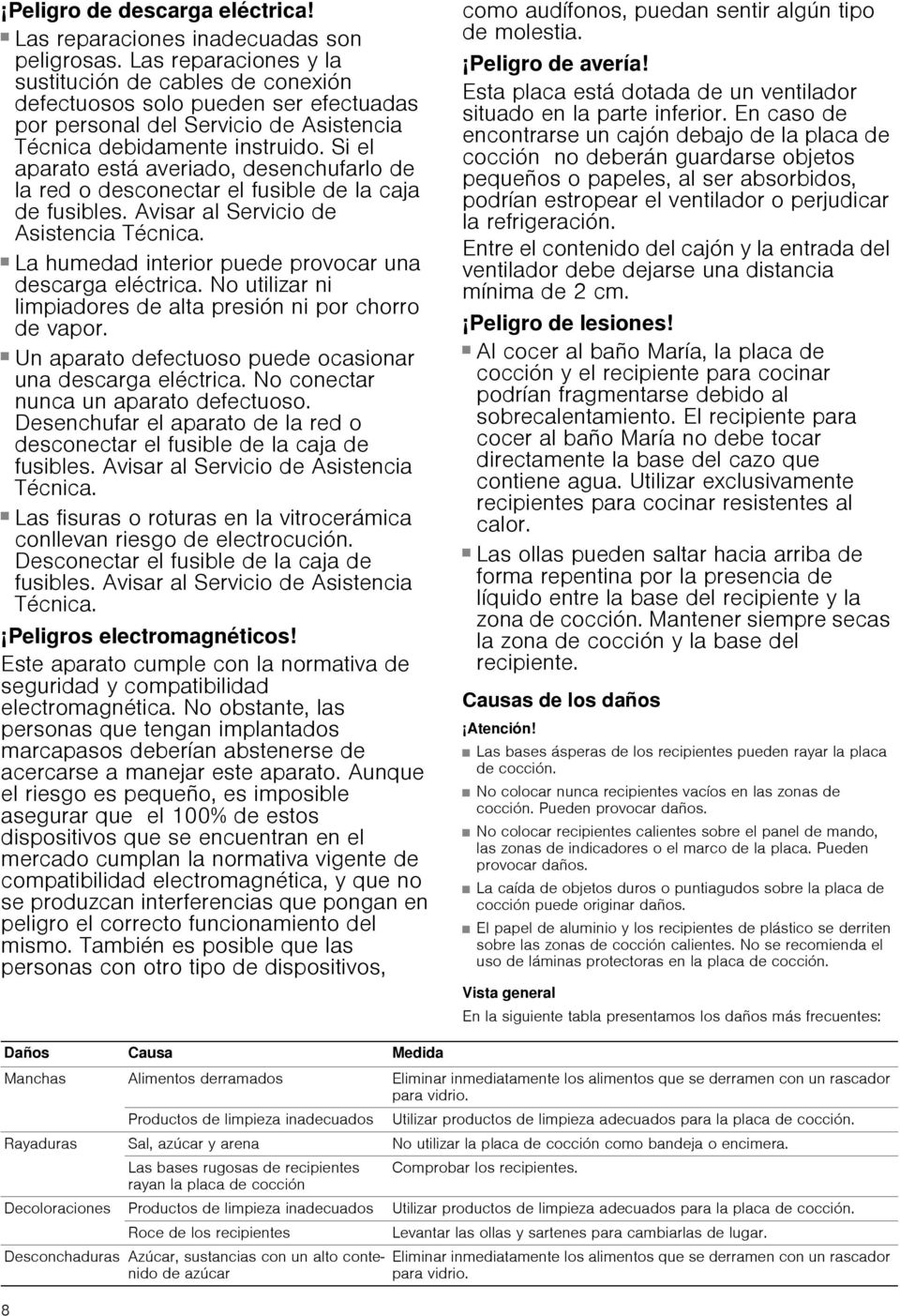 Si el aparato está averiado, desenchufarlo de la red o desconectar el fusible de la caja de fusibles. Avisar al Servicio de Asistencia Técnica. Peligro de descarga eléctrica!