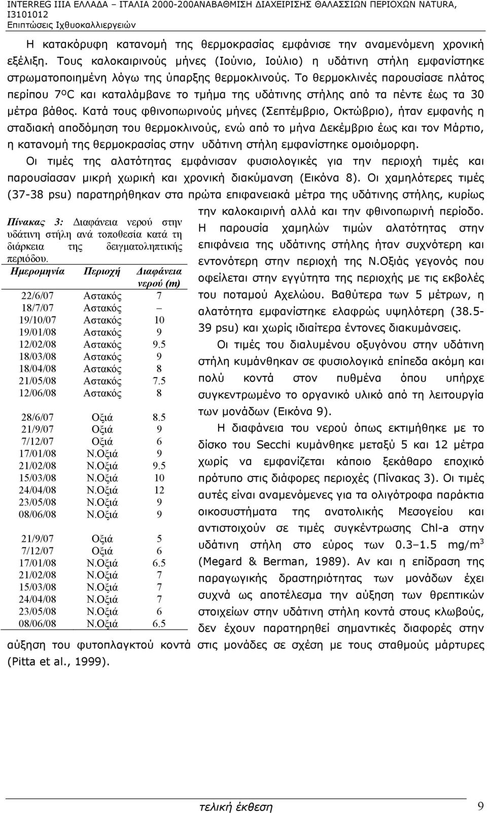 Το θερμοκλινές παρουσίασε πλάτος περίπου 7ºC και καταλάμβανε το τμήμα της υδάτινης στήλης από τα πέντε έως τα 3 μέτρα βάθος.