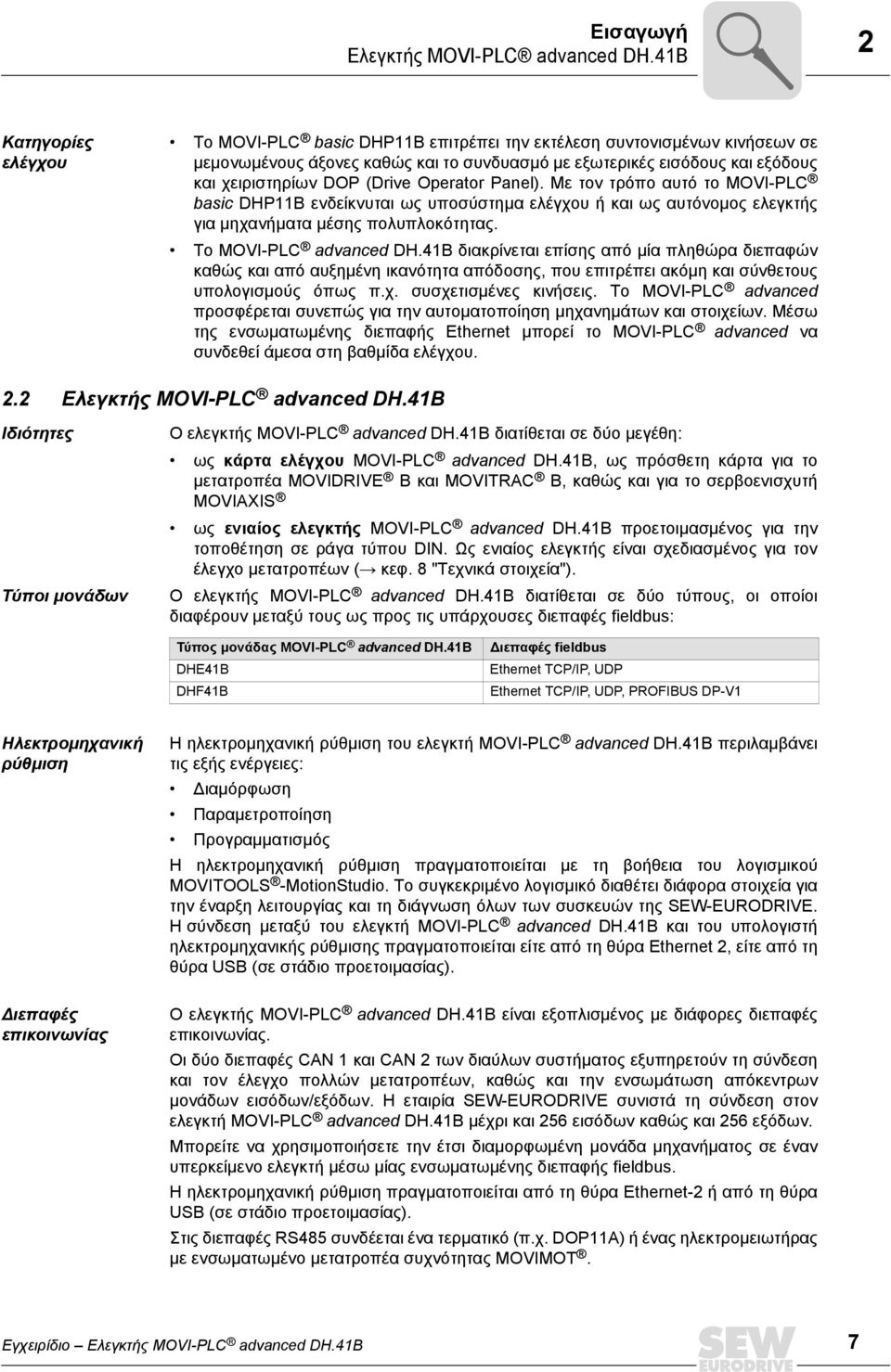 Operator Panel). Με τον τρόπο αυτό το MOVI-PLC basic DHPB ενδείκνυται ως υποσύστημα ελέγχου ή και ως αυτόνομος ελεγκτής για μηχανήματα μέσης πολυπλοκότητας. Το MOVI-PLC advanced DH.