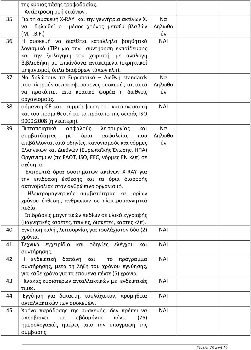 διαφόρων τύπων κλπ). 37. Να δηλώσουν τα Ευρωπαϊκά Διεθνή standards που πληρούν οι προσφερόμενες συσκευές και αυτό να προκύπτει από κρατικό φορέα η διεθνείς οργανισμούς. 38.