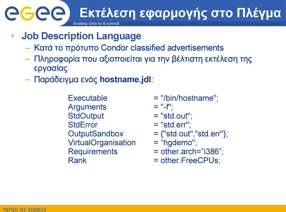 jdl: Executable Arguments StdOutput StdError OutputSandbox VirtualOrganisation Requirements Rank =