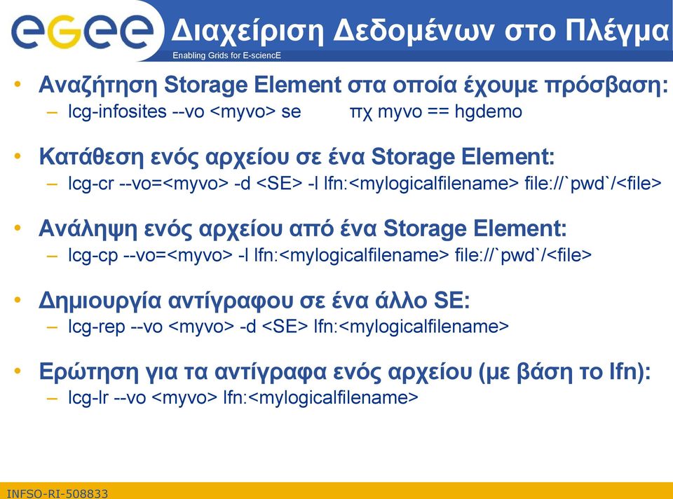 αρχείου από ένα Storage Element: lcg-cp --vo=<myvo> -l lfn:<mylogicalfilename> file://`pwd`/<file> Δημιουργία αντίγραφου σε ένα άλλο SE: