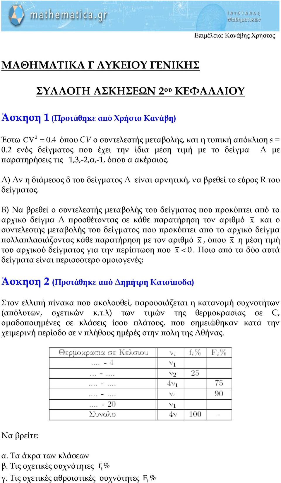 Β) Να βρεθεί ο συντελεστής μεταβολής του δείγματος που προκύπτει από το αρχικό δείγμα Α προσθέτοντας σε κάθε παρατήρηση τον αριθμό x και ο συντελεστής μεταβολής του δείγματος που προκύπτει από το