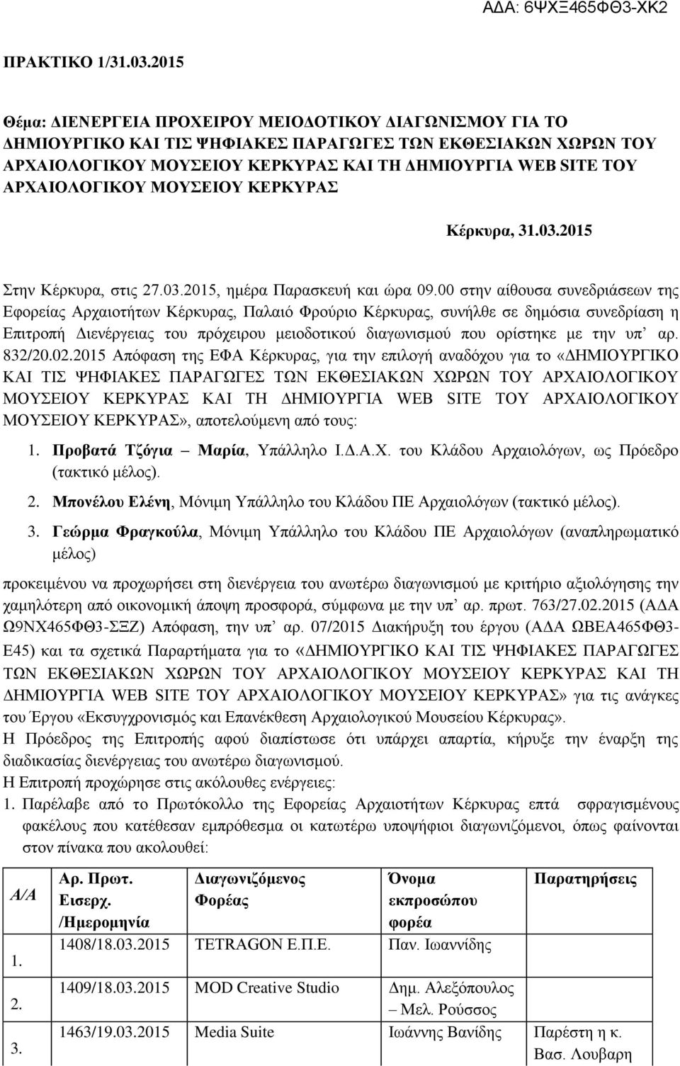 ΑΡΧΑΙΟΛΟΓΙΚΟΥ ΜΟΥΣΕΙΟΥ ΚΕΡΚΥΡΑΣ Κέρκυρα, 31.03.2015 Στην Κέρκυρα, στις 27.03.2015, ημέρα Παρασκευή και ώρα 09.