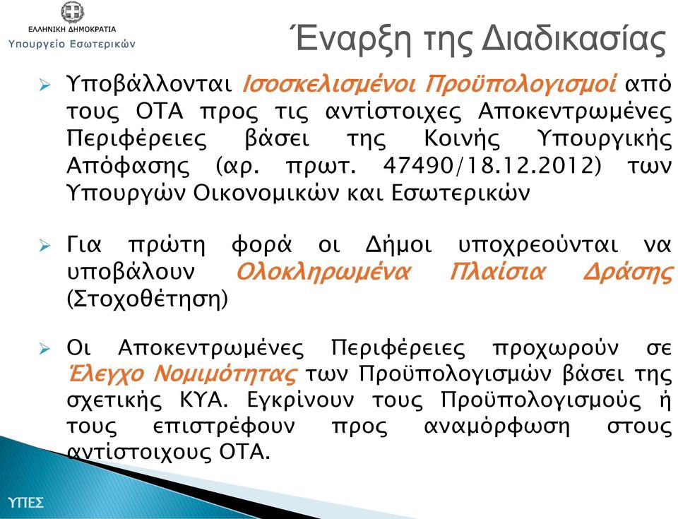 2012) των Υπουργών Οικονομικών και Εσωτερικών Για πρώτη φορά οι Δήμοι υποχρεούνται να υποβάλουν Ολοκληρωμένα Πλαίσια Δράσης